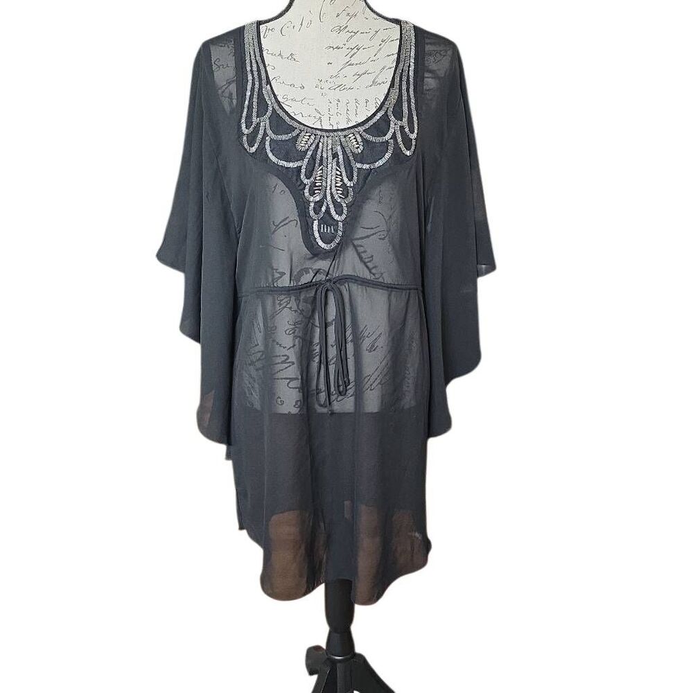 Trixxi Junior's Size 13 Black Silver Bugle Beaded Sheer Boho Swim Cover